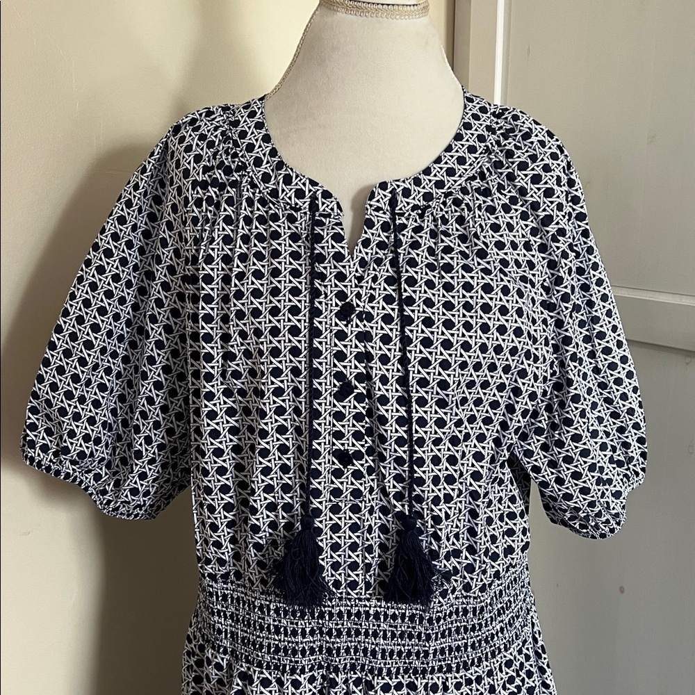 Chico’s Poplin Basket Weave Maxi Dress Smocked Tassel Blue White Chicos Size 3 - Picture 4 of 13
